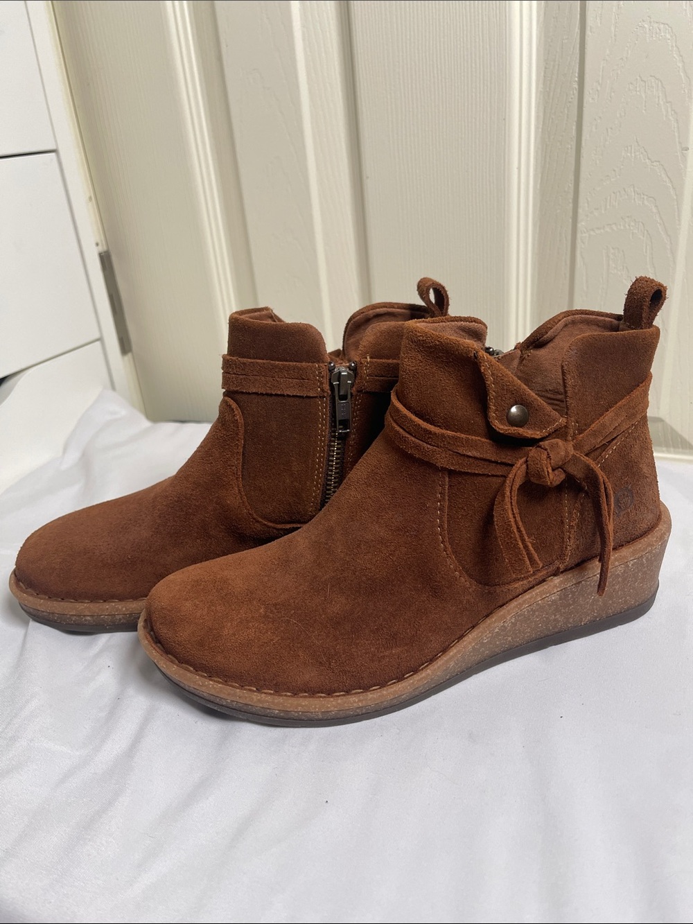 Born Suede Wedge Ankle Boots with Wrap Tie